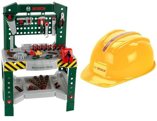 Theo Klein 8574 Bosch Werkbank 77-teilig I Mit Schraubendreher und -schlüssel, Zange, Hammer I 57 x 35 x 86 cm & Bosch Handwerkerhelm I Der Spielzeughelm im Handwerker-Look I 25,8 x 19,5 x 11 cm