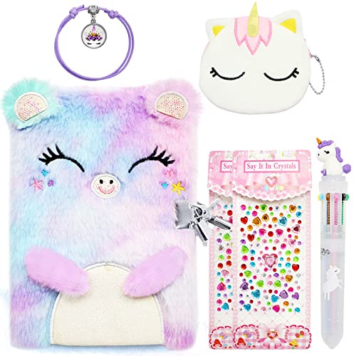 ICEBLUEOR Diario secreto con cerradura para niñas, juego de diario de gato de felpa con monedero, bolígrafo, pulseras, calcomanías de corazón de cristal, bonitos regalos de cumpleaños para niñas de 6,