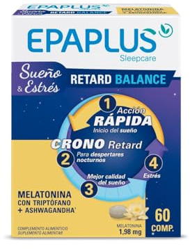 EPAPLUS Sleepcare | Melatonina Retard Balance | Con Triptófano y Ashwagandha | Liberación Prolongada 8h | 1,98 mg por Comprimido | Descanso y Relajación Nocturna | 60 Comprimidos