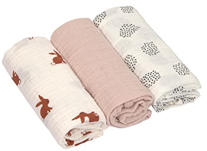 LÄSSIG Baby Puckdecke Spuckdecke Pucktuch Mulltuch 3er Set Baumwolle 60 x 60 cm/Swaddle & Burp Blanket M Little Forest Rabbit