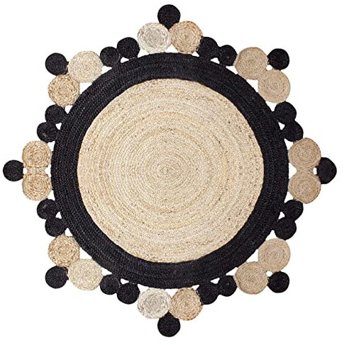 CASAVANI Jute Teppiche Reines Beige mit Schwarz Handgeflochtener Flickenteppich Handgewebte natürliche Jute-Teppiche für Wohnzimmer Schlafzimmer Eingangsbereich 300 x 300 cm (10 x 10 Fuß im Quadrat)