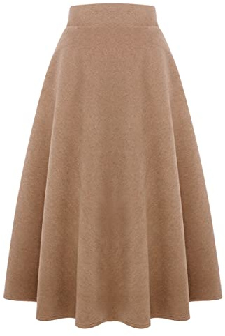 IDEALSANXUN Womens High Elastic Waist Maxi Skirt A-line Plaid Winter Warm Flare Long Skirts(Long Pure Camel, XS)