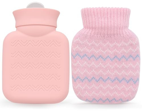 320ml Hot Water Bottle with Knited Cover, Mini Hot Water Bag for Pain Relief, Waist, Back, Neck, Shoulders, Small Leak Proof Hot Water Bottle with Removable Cover for Women, Kids, Best Gifts
