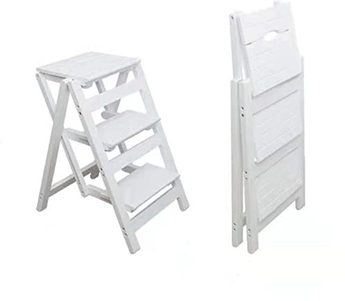 Wooden Ladder Chair Multifunction Wooden Foldable 3 Step Ladder Stool, Multifunction Climb Flower Rack Small Foot Stools Stepladder for Library Home and Kitchen - White