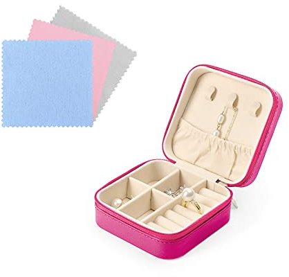 FuninCrea Jewellery Box Organiser for Women, Mini PU Leather Travel Jewelry Storage Case with 3pcs Silver Cloth for Rings Earrings Necklace, Portable Jewelry Case for Girl, Wife, Mother (rose)