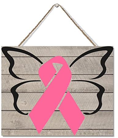 Holzschild, Brustkrebs, Schmetterling, Band, rosa Holzpalette, Schild, Brustkrebsbewusstsein, rosa, rustikales Holzschild zum Aufhängen, dekorative Wanddekoration, 20,3 x 25,4 cm,