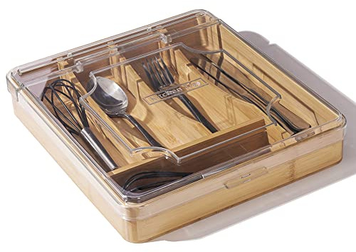 wobivcs Kitchen Drawer Organizer, 13 Inch Silverware Utensil Tray Holder,with Removable Lid, 5 Slots Total Bamboo Wood Caddy for Flatware Cutlery Knives, Forks, Spoons.