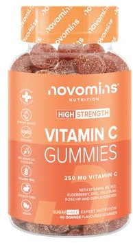Vitamin C Gummies - 1 Month Supply - 250mg High Strength with Zinc, Bioflavonoids, Rose Hip & Elderberry for Immune System Support - Alternative to Vitamin C Tablets - 60 Gummies - Novomins