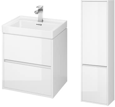 KOLMAN Badezimmer Badmöbel Set Crea Weiß 50cm Waschtischunterschrank Keramik & Hochhängeschrank 140cm mit 2-Türen
