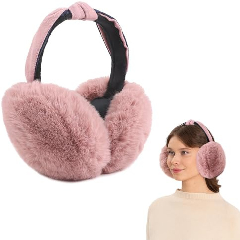 Riisoyu Winter Ohrenwärmer Plüsch, Winter Ohrenschützer Faltbare Mädchen Ohrenmuscheln Weiche Kälteschutz Unisex Plüsch Ohrenmuscheln Gestrickte Kunstpelz Warme Earmuffs Ohrenwärmer für Damen, Rosa