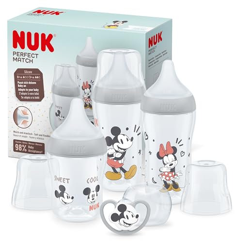 NUK Perfect Match Baby Bottles Set | 0-6+ Months | Adapts to Baby's Palate | 3 x Anti Colic Baby Bottles & Space Soother | BPA-Free | Disney Mickey Mouse | 4 Count