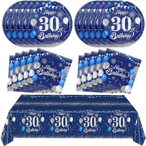 SNIMICS Blue 30th Decorations for Men - Navy Blue Silver Happy Birthday Tablecloth, Plates Napkins for Anniversary Party Decorations Supplies