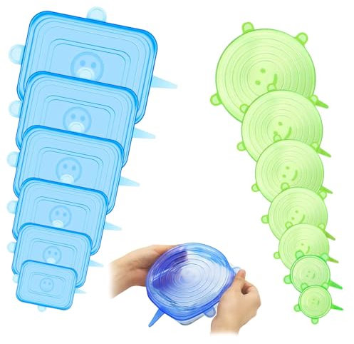 OUZHOU Silicone Lids, 12PCS Silicone Stretch Lids, 6 Sizes Silicone Lids Food Covers BPA-Free Reusable for Yogurt Pot, Containers, Cups, Bowls - Microwave & Freezer Safe