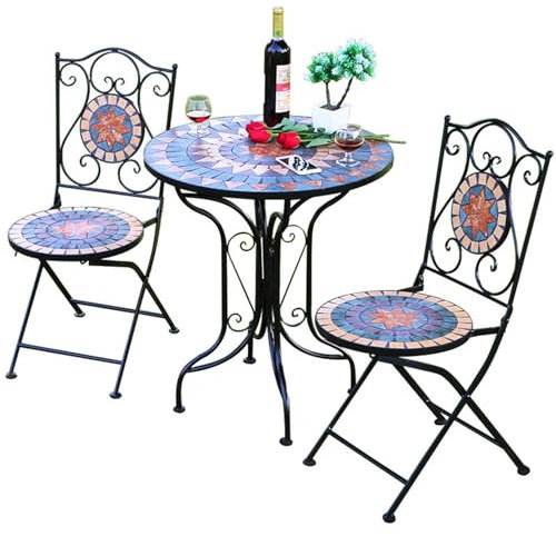 Aqkgtj 3-teiliges Mosaik-Bistro-Set, Eisen-Gartenmöbel-Set, 1 runder Bistrotisch, 2 Stühle, Balkonmöbel-Set für Terrasse, Pool