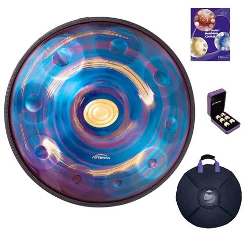 ASTEMAN Handpan in D Minor,432hz 22inches with 10 notes, comes with a backpack, courses, finger sleeves, stand, cleaning cloth, and two mallets.