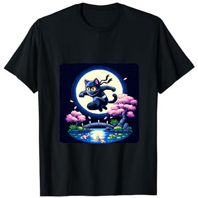 Gato Pixelado Ninja Maniobras a través de la noche iluminada por la luna. Traje Camiseta