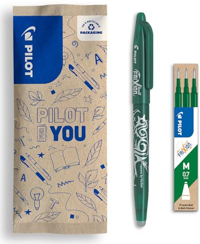 PILOT -Caja de 1 FriXion Ball + 1 set de 3 Recambios - Bolígrafo Borrable con Tinta Termosensible - Bolígrafo Rollerball Recargable - Verde - Punta Media