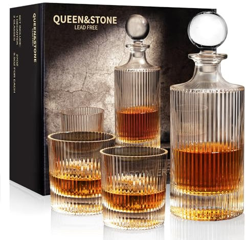 27Oz Whiskey Liquor Decanter Ribbed Set in Box,Decanter Set with 2 Glasses,Idea for Scotch Liquor,Whiskey Wine Decanter Suit for Men and Women Father Coworkers
