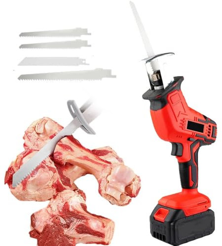 AUTUMFLATGAO Sierra Alternativa De Una Mano, Sierra Eléctrica Inalámbrica para Carne/Huesos, con Batería / 4 Hojas De Sierra/Luz LED, para Corte De Madera Y Metal