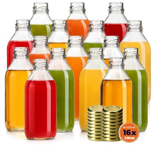 KADAX 16er Set Glasflaschen 330ml mit Schraubverschluss Gold – Leere Flaschen zum Befüllen für Saft, Likör, Öl, Essig & Sirup, Refillable Glass Bottles