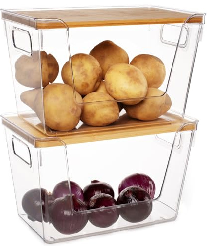 Abiudeng - Cajas de almacenamiento apilables para cocina (2 unidades, tapa de bambú para patatas de gran apertura frontal, organizadores de despensa y almacenamiento para verduras,