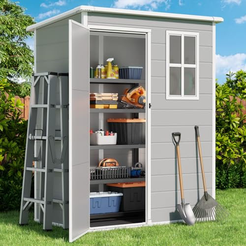 Gizoon 5x3 FT Resin Outdoor Storage Shed, Weather-Resistant Plastic Garden Tool Shed with Floor and Lockable Door for Backyard, Patio, Lawn, Grey