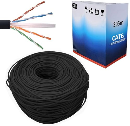 305m CAT6 Outdoor Ethernet Cable Black – High-Speed LAN Network Cable Reel | 4-Pair Data & ADSL Cable with RJ45 Compatibility, Pull Box for Home, Office & CCTV Networking