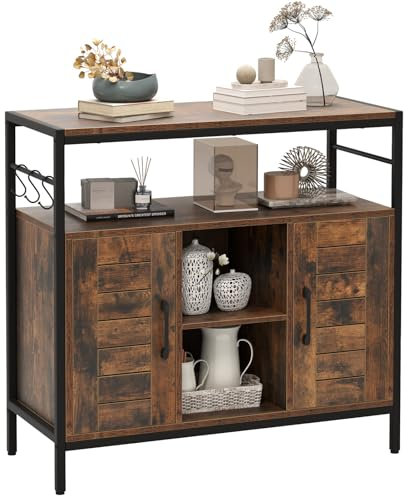 COSTWAY Sideboard Holz, Küchenschrank mit 3 Haken, Kommode mit 2 Türen, offenen Fächern, verstellbaren Regalen, Aufbewahrungsschrank für Küche, Esszimmer, Wohnzimmer, Industrie-Stil