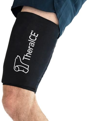 TheraICE Manga de compresión para isquiotibiales para lesiones, compresas frías de gel reutilizable para tensión cuádruple, tendones isquiotibiales, envoltura flexible para aliviar el dolor