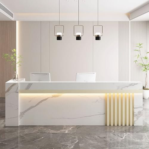 GUQASDV Empfangstheke Tresen Rezeption, Empfangstresen für Praxis, Reception Desk Salon, Bürotheke Reception Tisch mit Sanfter Beleuchtung mit Stauraum(White Texture+Natural,1m)