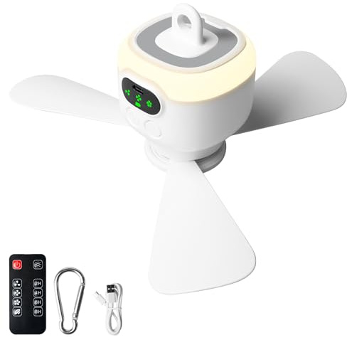 Camping Ventilator mit Licht, USB Campingventilator mit Fernbedienung, Aufladbar 8000mAh, Tragbarer Deckenventilator Abnehmbare Ventilatorflügel, Zeltventilator mit Haken für Auto Angeln Outdoor