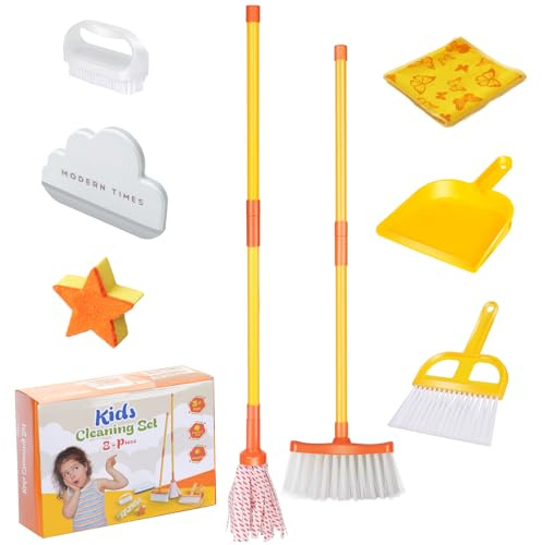 Myiosus Kids Cleaning Set, 8 Pcs Toddler Cleaning Toys with Unique Cloud & Star Design, Includes Broom, Mop, Dustpan, Brush, Scraper, Cloth, Sponge, Pretend Play Set for Children 3+, Birthday Gift