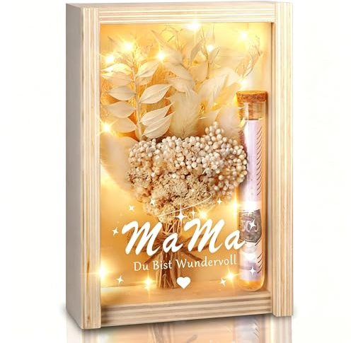 Geldgeschenk Geschenkbox für Mama mit Trockenblumen und Reagenzglas - Geburtstagsgeschenk für Mama - Holzbox mit Gravur Mum Du bist Wundervoll - Geschenke für Mum - Einzigartiger Blickfang