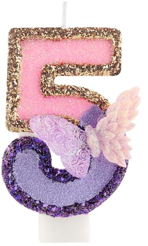 3D Schmetterling Geburtstag Purpur Nummer 5 Kerzen, Purpur Gold Schmetterling Kerzen für Cupcake Topper, Mädchen 5 Geburtstg Kerze Kuchen Topper Dekorationen