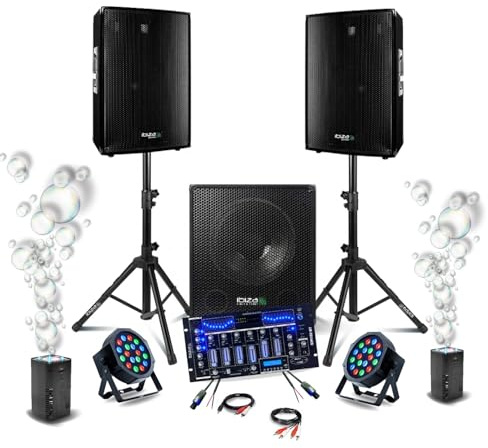 Ibiza - DJ-Sound-Set 2200 W – 2 Lautsprecher Ibiza DISCO15B – Gehäuse 800 W SUB15A – Mischpult DJM102-BT – 2 pro RGB – 2 Seifenblasenmaschine