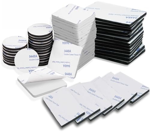 fKiZanthene Heavy Duty Double Sided Tape, 60 Pads, 3mm Thick. Weatherproof adhesive. Includes 20 circles (40mm dia), 20 squares (40x40mm) & 20 rectangles (30x50mm). Ideal for walls & outdoor use