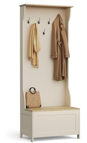 VonHaus Coat Stand with Shoe Storage, Cream Hall Tree, Ash Hall
