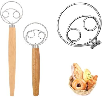 Lot de 2 fouets danois pour pâte en acier inoxydable, fouet pour pâte à pain, style hollandais, mélangeur manuel avec poignée en bois, ustensiles de cuisine pour boulangerie et préparation du pain