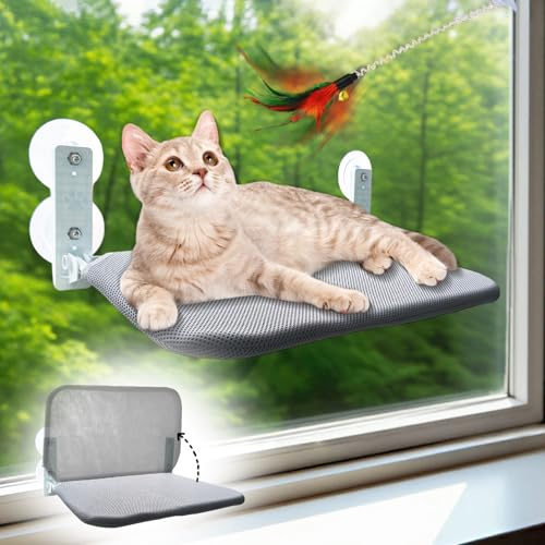 Große Faltbare Katzen Hängematte Fenster 52x30cm Atmungsaktives Katzenbett Fenster Netzstoff Katzen Fensterhängematte mit 4 8.5cm Starken Saugnäpfen Stabil bis 20kg, mit Katzenspielzeug