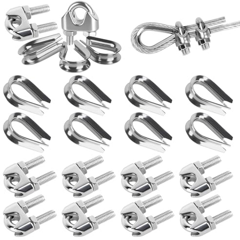 Prmape 16 stycken vajerklämmor 8 mm, 8 st repklämmor M8 8 st M8 fingerborgar, vajerklämmor 304 rostfritt stål, U-bult bygelform stålvajer kabelkontakt för vajer stålkabel stålvajer