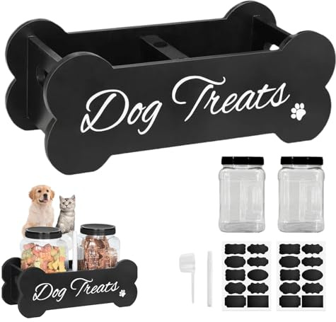 Hundeleckerli-Behälter, Holz Hundefutter Vorratsbehälter mit 2 Gläsern, Luftdichtes Hunde Leckerli-Glas Große Hunde Leckerli Behälter, mit Flaschen, Löffel, Aufkleber, Pinzette