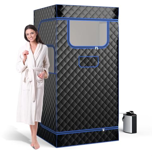 Fantasks Helkroppsbastu för hem, bärbar ångbastu hemmabastu med fotmassageapparat, 3 liters ånggenerator, bastutält, fällstol och fjärrkontroll, 91 x 91 x 183 cm (svart)