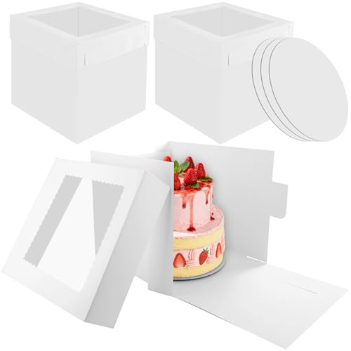 Otauoaea 3 Piezas Cajas para Tartas 30,5 x 30,5 x 30,5cm, Caja Tarta de Cartón Con Ventana y Bandeja, Recipiente para Tartas, Cajas para Pasteles de Carton Cuadrada Cake Box - 12 x 12 x 12 Inch