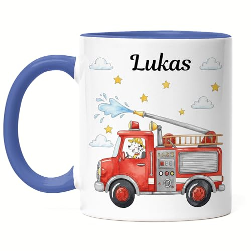 Kiddle-Design Feuerwehr Tasse Kinder Personalisiert mit Name - Kinderbecher für Kindergarten, Kita - Kindertasse mit Feuerwehrauto und Feuerwehrmann als Trinkbecher, Zahnputzbecher - Tasse Schwarz