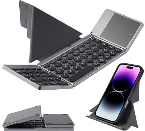Nsyee KF86 Foldable Bluetooth Keyboard with Touchpad | Tri-Device Connection (iOS/Android/Windows/Mac) | Includes Magnetic Stand | 3-in-1 Portable Wireless Travel Keyboard | Mini Keyboard for iPhone