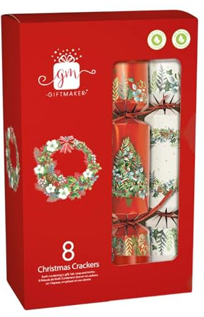 Domkora Knallbonbons für die Familie, rot und cremefarben, 8 Stück, plastikfrei, umweltfreundlich, Kranz- und Baum-Design, festliche Tischdekoration, 100 % recycelbare Verpackung, Partyhüte, Geschenke