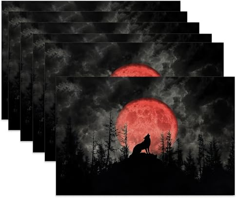 Gothic Wolf Table Placemats Set of 6,Non-Slip Red Moon Forest Night Fabric Placemats for Dining Room Kitchen Party Holiday, Indoor Cloth Table Mats for Home Decor 11.8x17.7 Inch