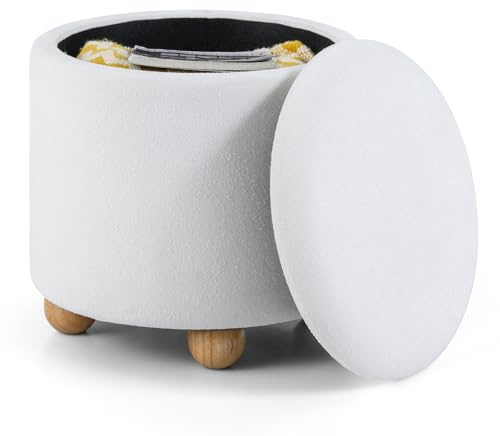 COSTWAY Puff Almacenaje Redondo de 35 L, 44,5x44,5 cm, Taburete Tocador Tapizado en Tejido de Chenilla con Tapa Extraíble, Patas de Madera de Caucho, Reposapies Salon, Entrada, Carga 150 kg (Blanco)