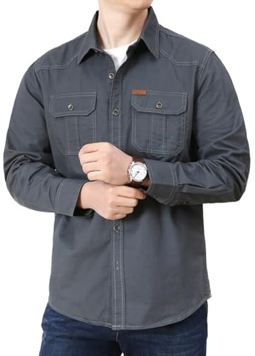 Camisas de Trabajo de Algodón para Hombre, Camisa de Militar de Manga Larga con Botones Ropa Cargo, 2 Bolsillos, Regular Fit para Pesca, Tala, Senderismo, Caza