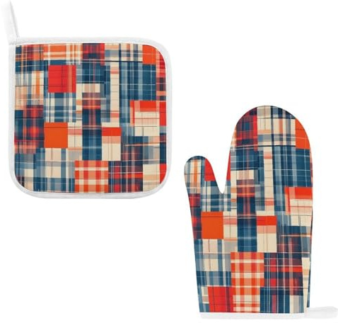 Ensemble de gants de cuisine et maniques – Motif patchwork à carreaux imprimés résistants à la chaleur et manique durable pour la cuisine, la pâtisserie, la cuisine et le barbecue